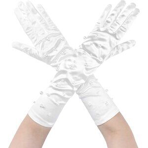 Women's White-9 Floral Tulle Pearl Long Sleeves Gloves Polka Point Evening